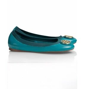Tory Burch Carolina Teal Leather Logo Round-Toe Ballet Flats size 7.5 pre owned
